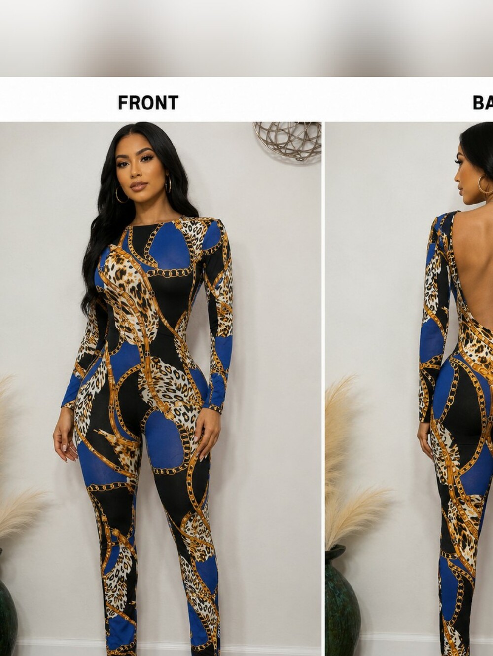 Blue & Black Chain Print Long-Sleeve Open-Back Jumpsuit